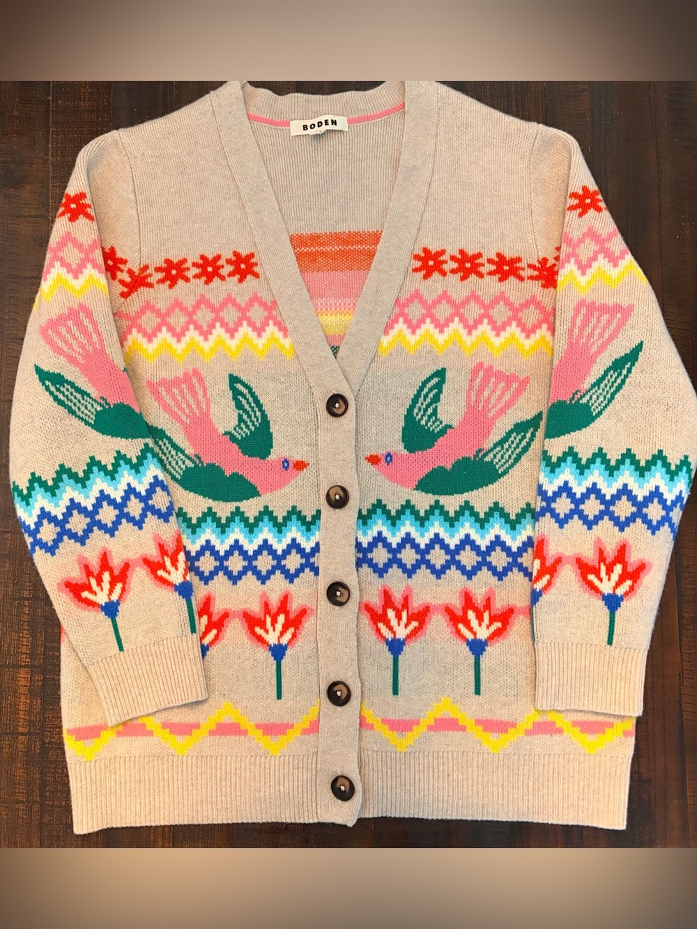 Boden Beige Cardigan with Pink & Green Bird and Multicolor Fair Isle